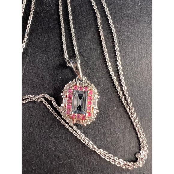NEW Aquamarine pink sapphire necklace in rhodium and rose gold over 925 silver - Picture 2 of 14